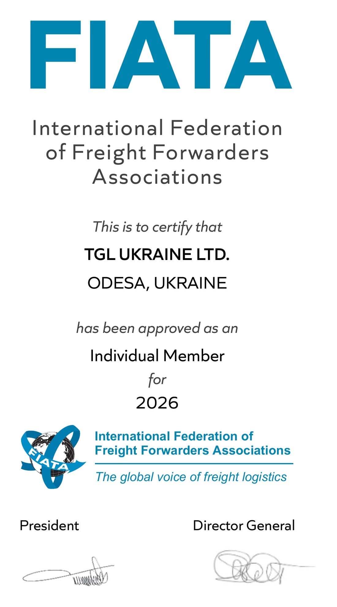 Свідоцтво члена FIATA — ТОВ «ТГЛ Україна», 2026