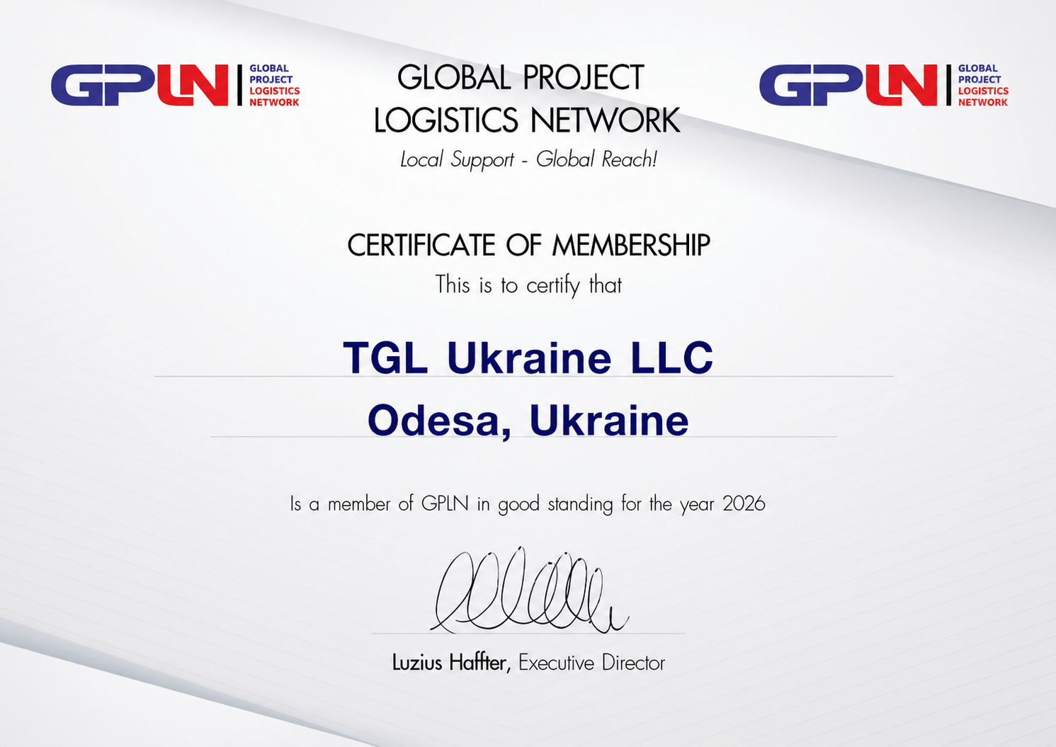Сертифікат члена GPLN — ТОВ «ТГЛ Україна»